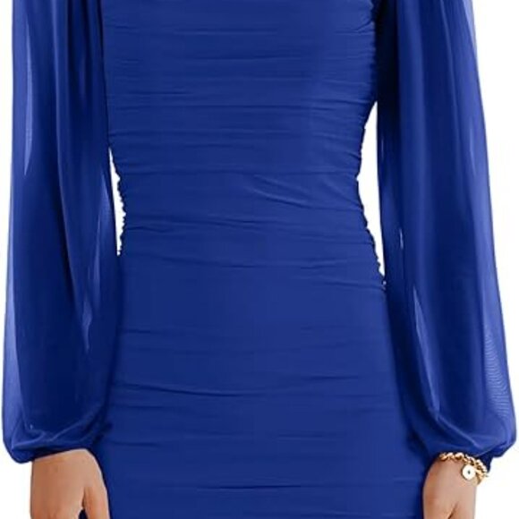 Blue Mesh Long Sleeve Square Neck Ruched Bodycon Mini Dress, Size XS - Picture 6 of 8